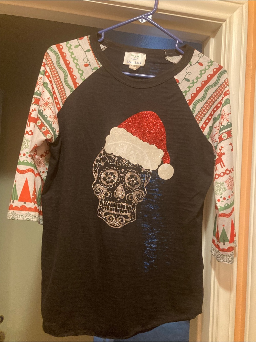 L&B Black Raglan Long Sleeve Tee with Red & White Glitter Santa Skull
